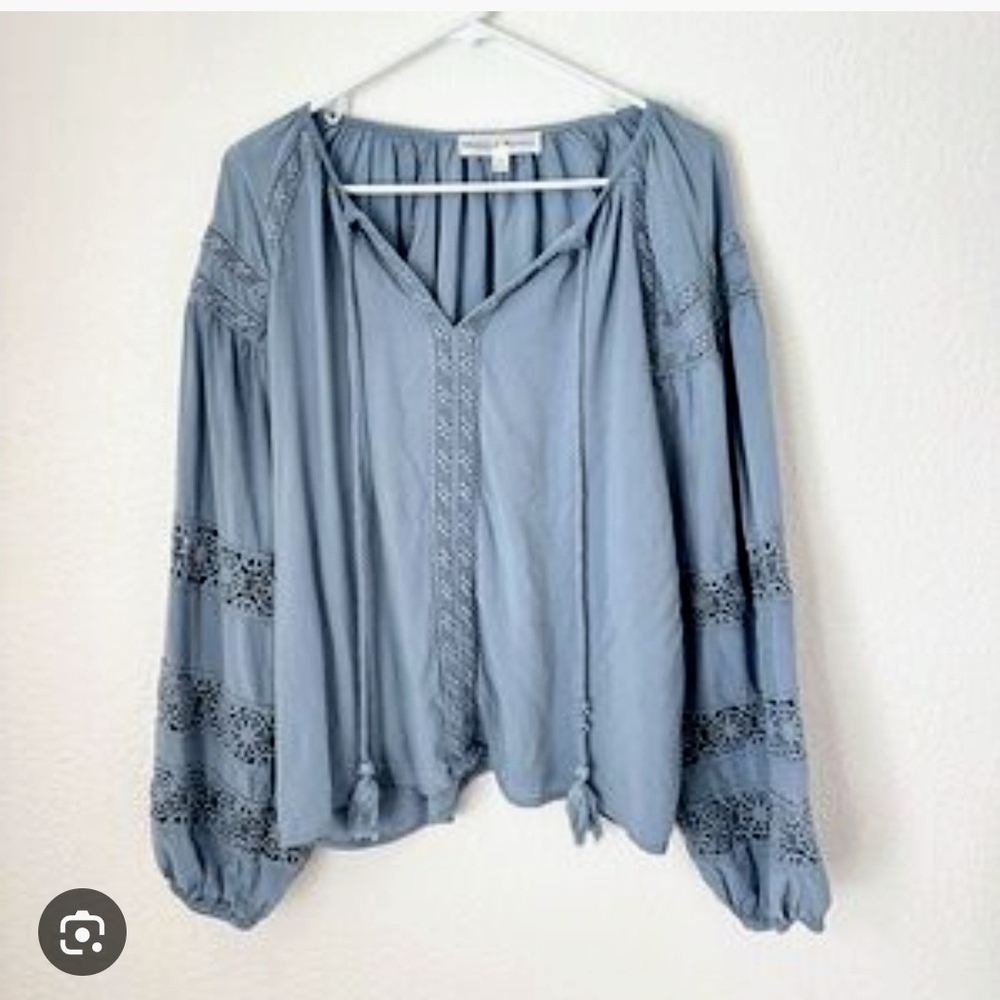 Chelsea & Theodore Blue Blouse W Tassels Tie Bohemian Large